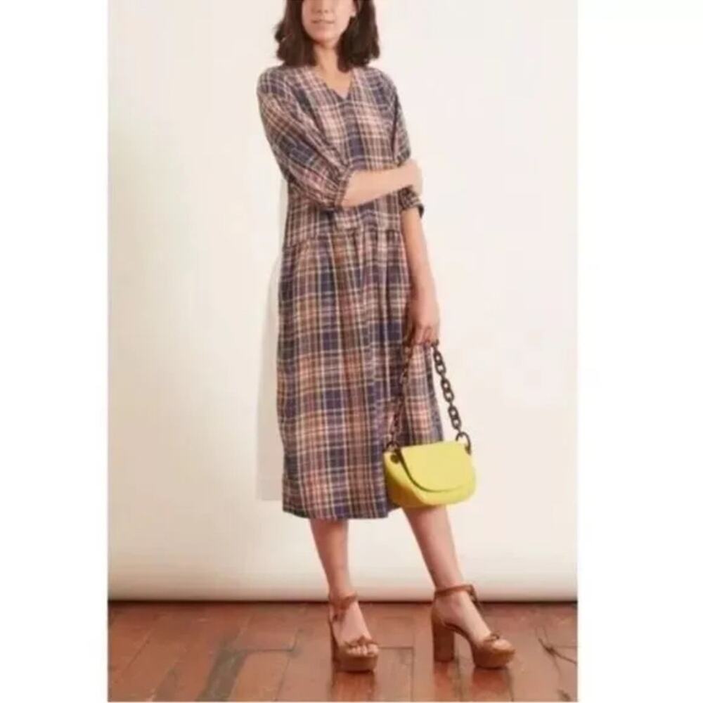 Sea New York Rooney Relaxed Midi Dress V-neck Plaid Print White Size 8